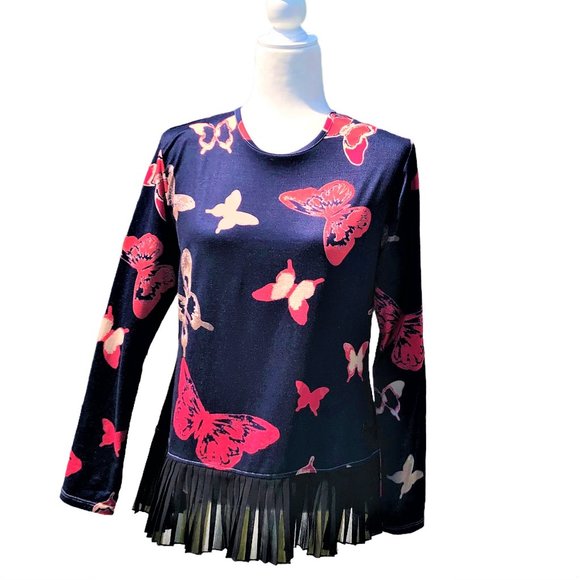 BIANCO NERO Retro Skirted Long Sleeve Butterfly Print Top Pleated Bottom Sz L - Picture 1 of 5